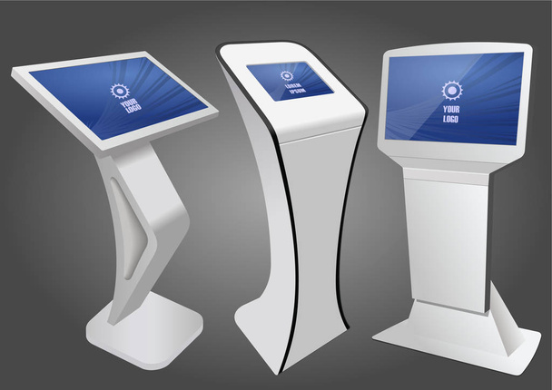 Tre chiosco informativo interattivo promozionale, display pubblicitario, cavalletto terminale, display touch screen. Modello finto
.  - Vettoriali, immagini