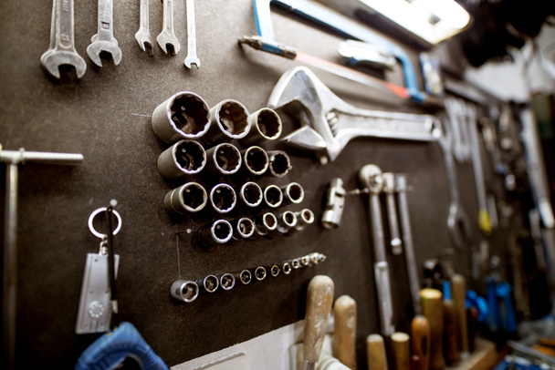 workshop tools holder with wrench and set of wrench sockets - Photo, Image