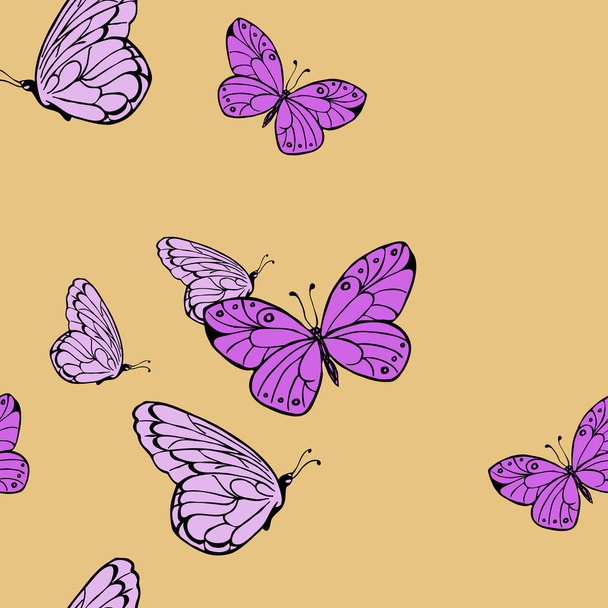векторна ілюстрація дизайну безшовного візерунка метеликів на жовтому фоні
 - Вектор, зображення