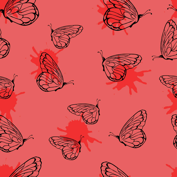 赤の背景に蝶のシームレス パターンのベクトル イラスト デザイン - ベクター画像