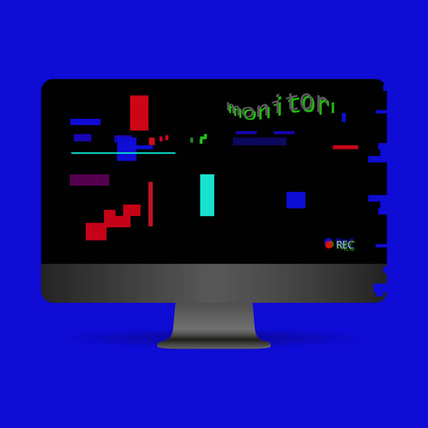 Monitor realistico grigio su sfondo blu. Lettere dell'effetto glitch. Vecchio schermo retrò
 - Vettoriali, immagini