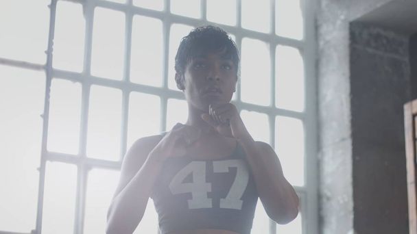 混血の若いアフリカ系アメリカ人女性は、日当たりの良いロフトでボクシング トレーニングを行う - 写真・画像