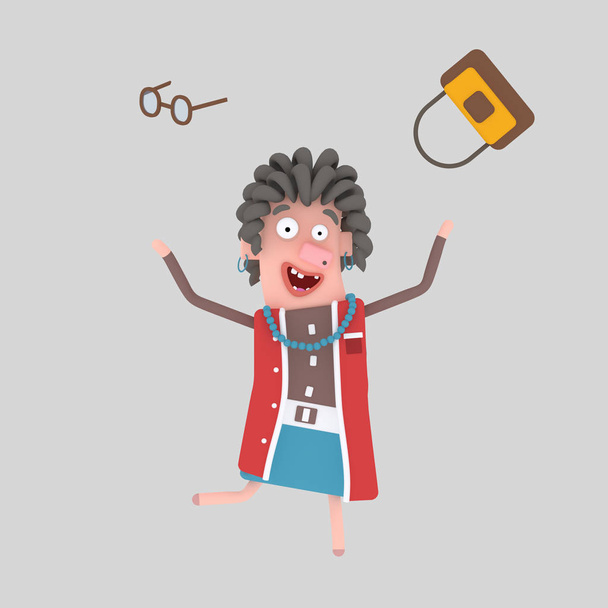 Happy old woman throwing out his handbag. 3d illustration. - Photo, Image