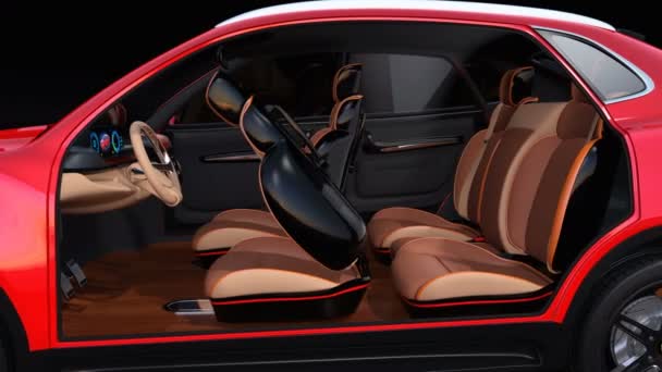 Elektrische zelf-rijdende Suv auto interieur. Voorste zitplaatsen zijn uitgerust met beeldschermen. Concept voor nieuwe zakelijke stijl in de auto werken. 3D rendering animatie - Video