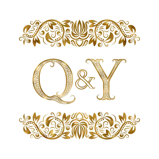 Q ja Y vintage nimikirjaimet logo symboli. Kirjeitä ympäröivät koriste-elementit. Häät tai liikekumppanit monogrammi kuninkaalliseen tyyliin
. - Vektori, kuva
