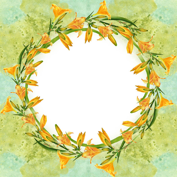Flowers, buds and leaves of a yellow lily. Watercolor. Floral motifs. Round frame - Valokuva, kuva