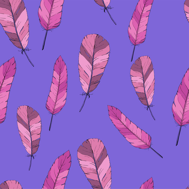 vector illustratie ontwerp van veren naadloze patroon op paarse achtergrond - Vector, afbeelding