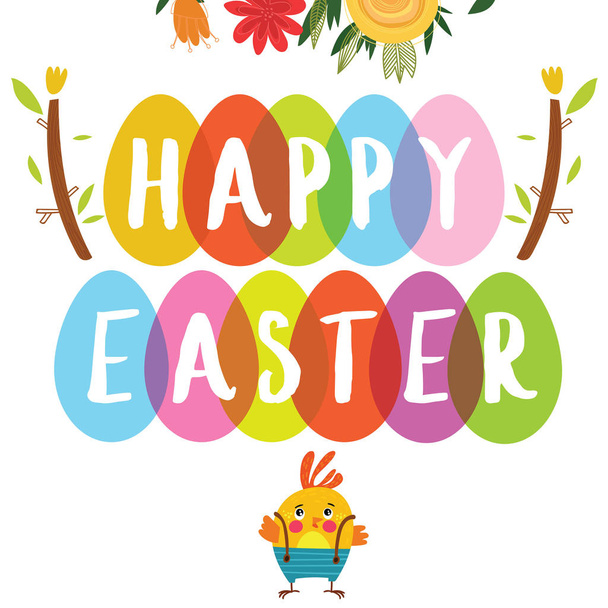 Colorful Easter card with colored eggs and text Happy Easter. Cute chicken in cartoon style - Vektor, obrázek