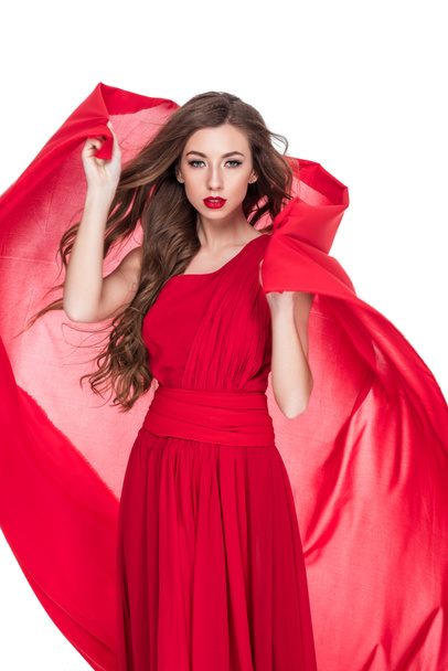 beautiful woman posing with red chiffon veil, isolated on white - Fotoğraf, Görsel
