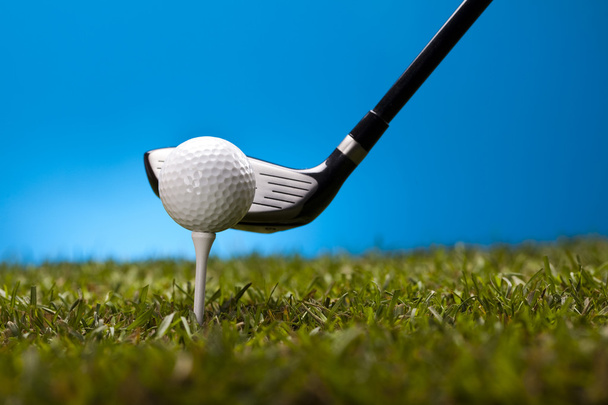 Golf labda, zöld réten, vezető - Fotó, kép