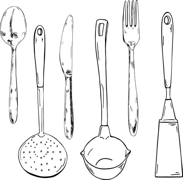 Conjunto de utensílios de cozinha desenhados por tinta sobre fundo branco. Ilustração vetorial desenhada à mão
. - Vetor, Imagem