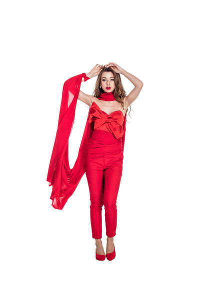 elegant fashionable woman posing in red clothes, isolated on white - Φωτογραφία, εικόνα