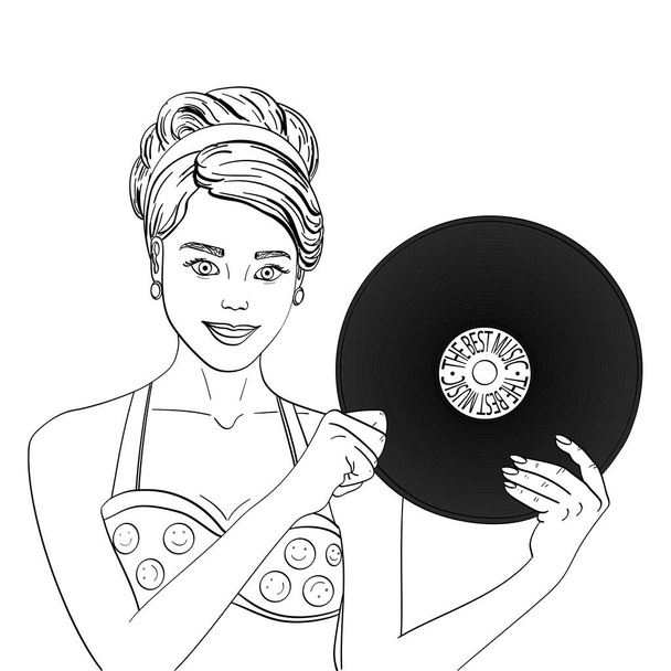 Pop Art glückliche junge Frau mit einer Schallplatte. Plattenvektor. Imitation Comic-Stil. Objekt Malbuch - Vektor, Bild