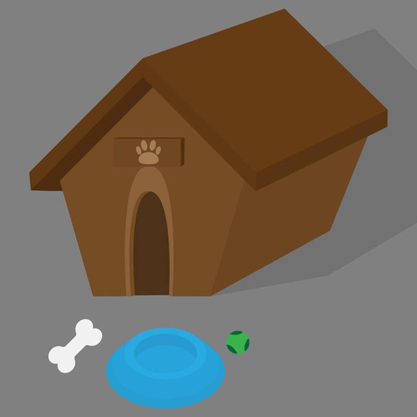 Dog House Ilustración con plato para comida de perro, pelota de juego y hueso
 - Vector, Imagen