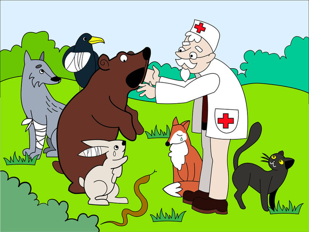 Lekarz weterynarii traktuje zwierzęta w lesie ilustracja wektorowa - Wektor, obraz