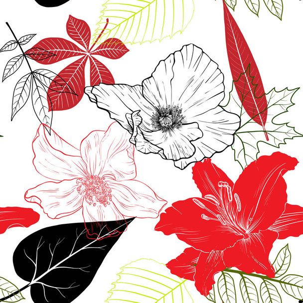 vector seamless pattern with flowers and leaves - Vector, afbeelding