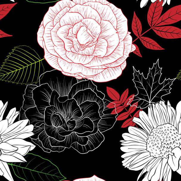 vector seamless pattern with flowers and leaves - ベクター画像