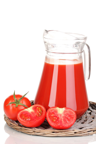 Tomato juice in pitcher on wicker mat isolated on white - Zdjęcie, obraz