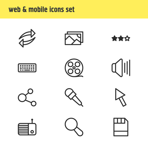 illustration of 12 media icons line style. Editable set of microphone, megaphone, telephone and other icon elements. - Fotó, kép