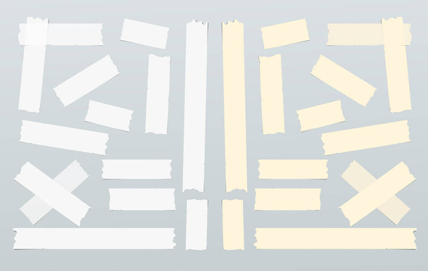Brown and white adhesive, sticky, masking, duct tape, paper strips, pieces for text on gray background - Vector, Image