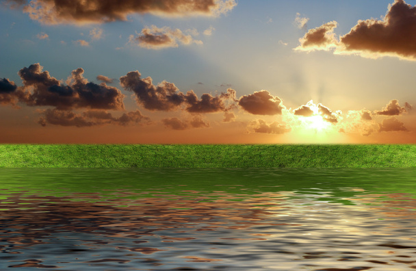 Green grass with Sunset - Zdjęcie, obraz