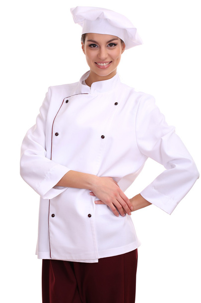 Portrait of young woman chef isolated on white - Foto, Imagem