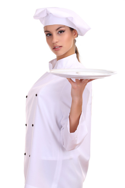 Portrait of young woman chef with tray isolated on white - Фото, изображение