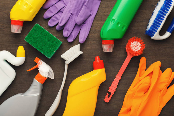 Various cleaning supplies, housekeeping background - Photo, Image