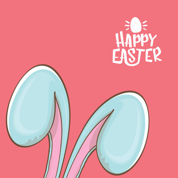 easter bunny with calligraphic text happy easter isolated on pink background. vector easter greeting card with blue rabbits ears - Vektor, obrázek