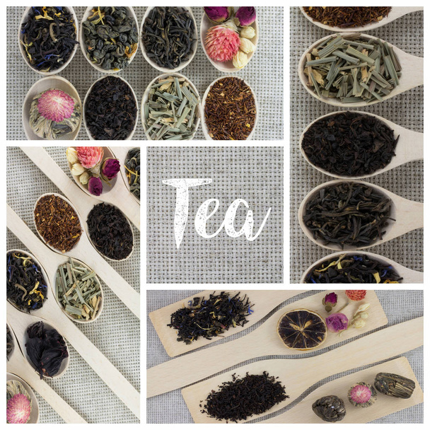 Koláž z různých odrůd a druhů čaje v dřevěné lžíce - Fotografie, Obrázek