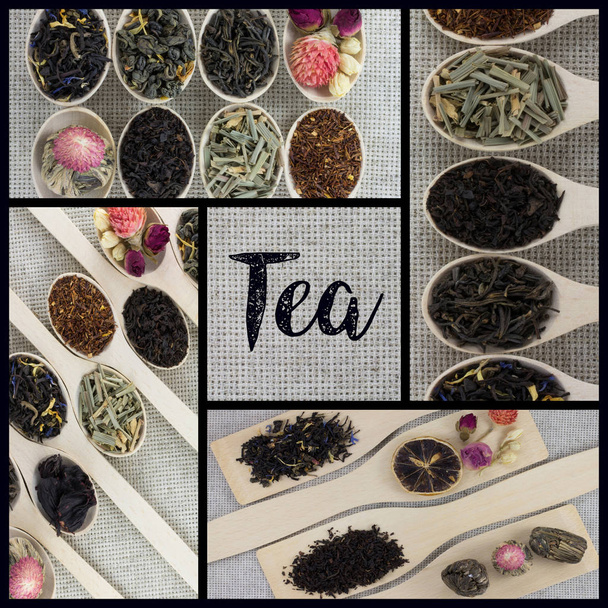 Collage de diferentes variedades y tipos de té en cucharas de madera
 - Foto, Imagen