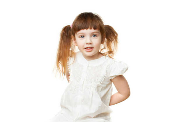 Happy girl 4-5 years old on white background - Foto, Imagen