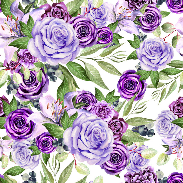 Krásný akvarel vzor s květy růže a lilie, eucalyptus listy.  - Fotografie, Obrázek