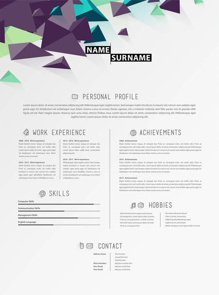 Creative jednoduchý formulář životopisu s obrazci trojúhelník v záhlaví. - Vektor, obrázek