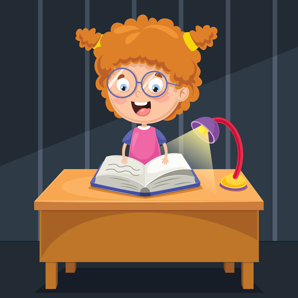 Vector Illustration Of Kid Studying At Night - Vector, Image