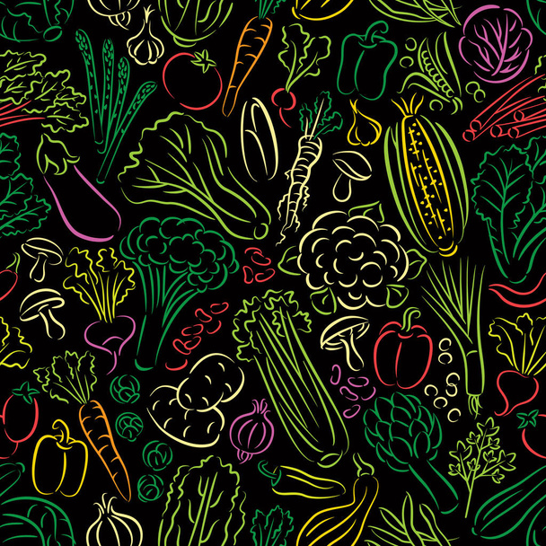 Seamless pattern of doodle vegetables, hand drawn brush stroke style, on black background. - Vector, Image
