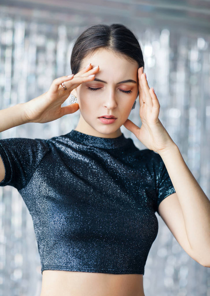portrait of woman with closed eyes suffering from head migraine  - Zdjęcie, obraz