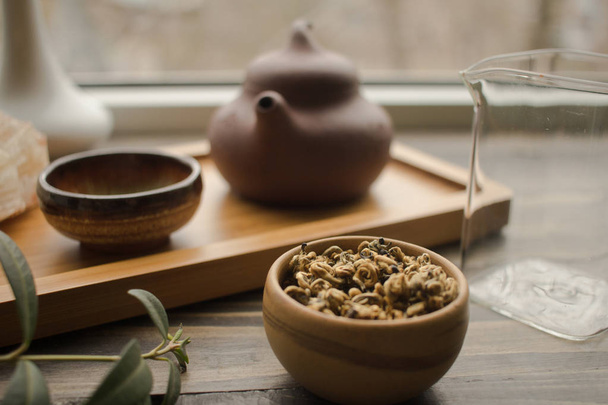 tea ceremony set on wooden table  - Photo, image