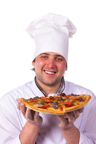 Male chef holding a pizza box open - 写真・画像