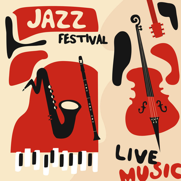 Jazzmusikfestival buntes Plakat mit Musikinstrumenten. Grammophon, Violoncello, Gitarre, Saxophon und Mikrofon flache Vektordarstellung. Jazzkonzert - Vektor, Bild