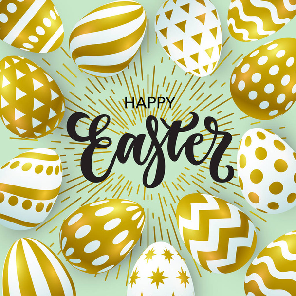 Vector illustration, trendy Easter background with realistic golden eggs and Happy Easter lettering. - Wektor, obraz