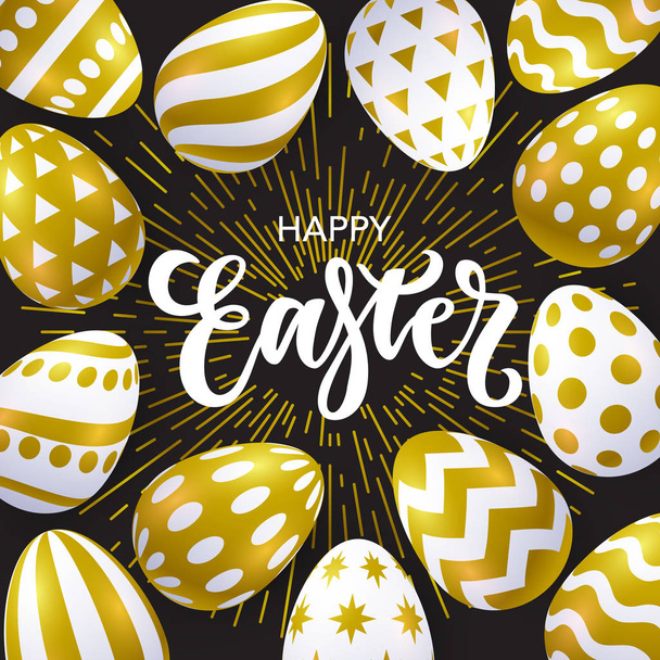 Vector illustration, trendy Easter background with realistic golden eggs and Happy Easter lettering. - Wektor, obraz