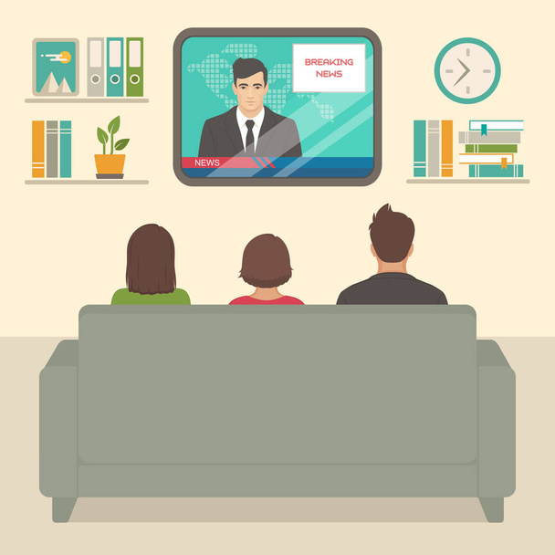 vector illustration of  family tv watching at home, people sitting on sofa watching television in room - Vector, Image