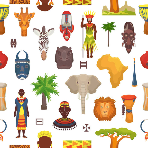 African culture vector characters in traditional clothing in Africa with ethnic tribal mask or drums in safari travel wildlife with animals in savanna set illustration seamless pattern background - Vektor, Bild