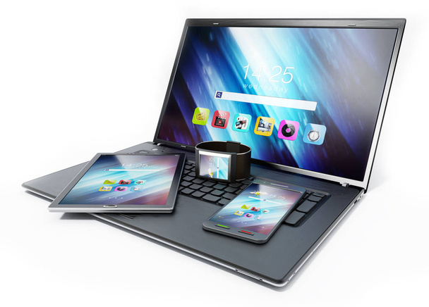 Dizüstü bilgisayar, tablet pc, smartphone ve akıllı telefon. 3D çizim - Fotoğraf, Görsel