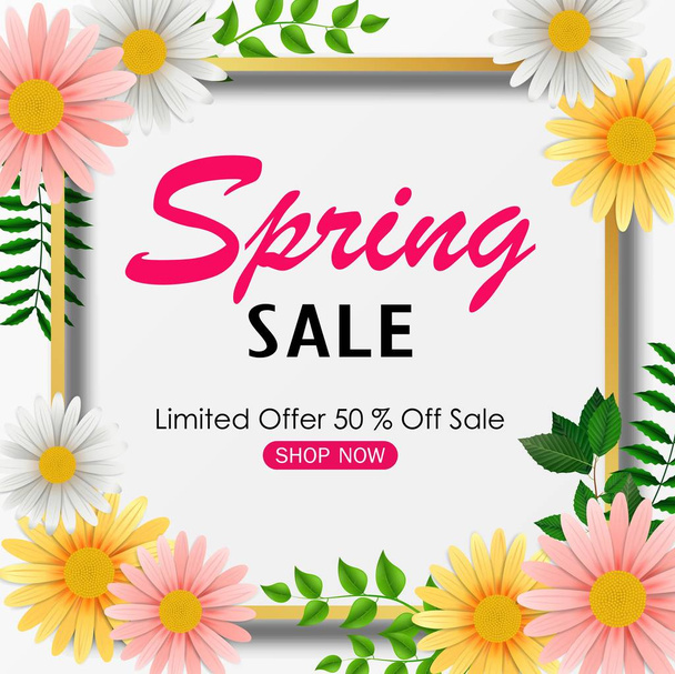 Vector illustration of Spring sale background banner with beautiful colorful flower and green leaves - Vector, afbeelding