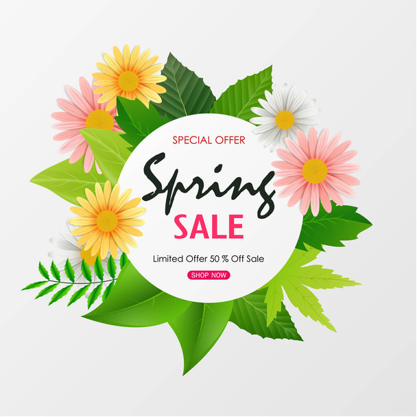 Vector illustration of Spring sale background banner with beautiful colorful flower and green leaves - Vektor, obrázek