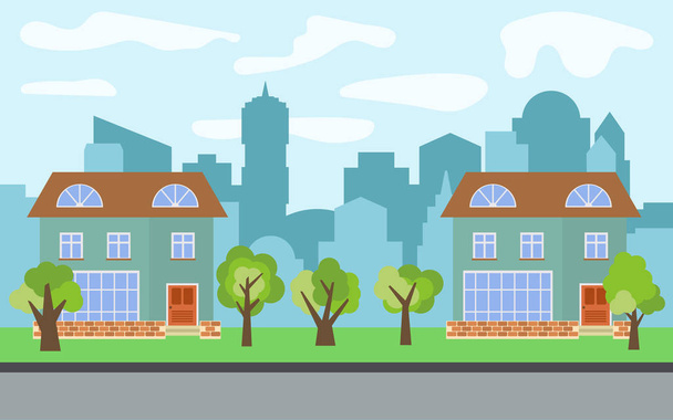 Vector city with two two-story cartoon houses and green trees in the sunny day.  - Vector, Image