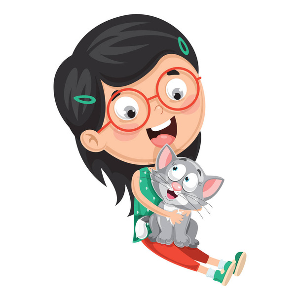 Vector Illustration Of Kid Playing With Cat - Vector, Image