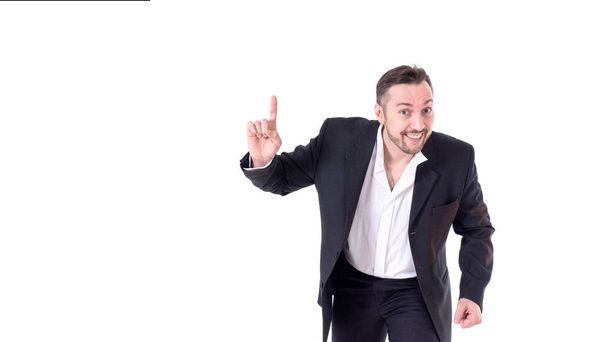 business man looking at camera and pointing finger up. image isolated over white background. people, male, business and portrait concept - Φωτογραφία, εικόνα